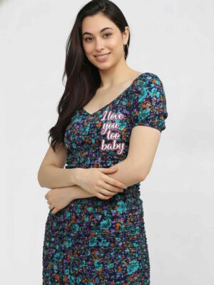 Women Floral Printed Puff Sleeve Sheath Dress